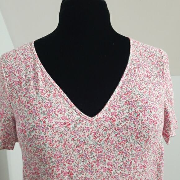 Pink and White Plunge V Neck Short Sleeve High Low Micro Floral Top Size 2 - Picture 5 of 8